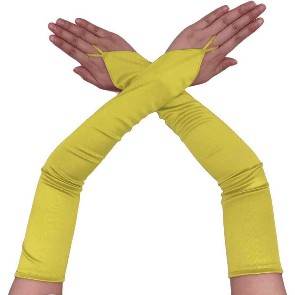 Women's Stretchy Yellow Long Satin Fabric Gloves Elbow Length Opera Party Prom
